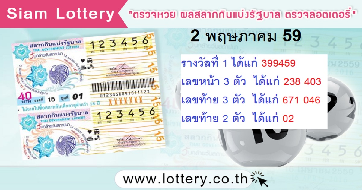 ตรวจหวย งวด 2 พฤษภาคม 2559 ผลลอตเตอรี่