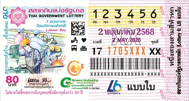 ตัวอย่างสลากกินแบ่งรัฐบาล งวด 2 พฤษภาคม 2568