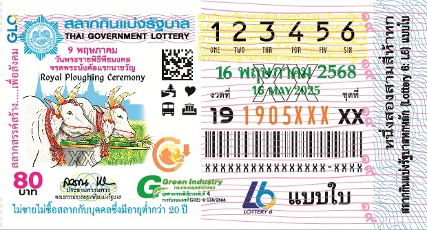 ตัวอย่างสลากกินแบ่งรัฐบาลงวดประจำวันที่ 16 พฤษภาคม 2568