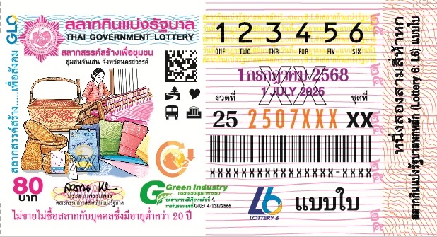 ตัวอย่างสลากกินแบ่งรัฐบาลงวดประจำวันที่ 1 กรกฎาคม 2568