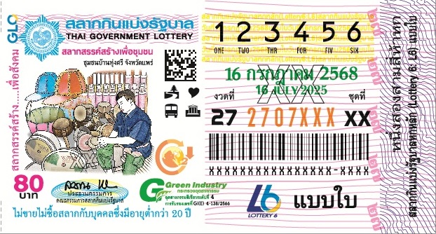 ตัวอย่างสลากกินแบ่งรัฐบาลงวดประจำวันที่ 16 กรกฎาคม 2568
