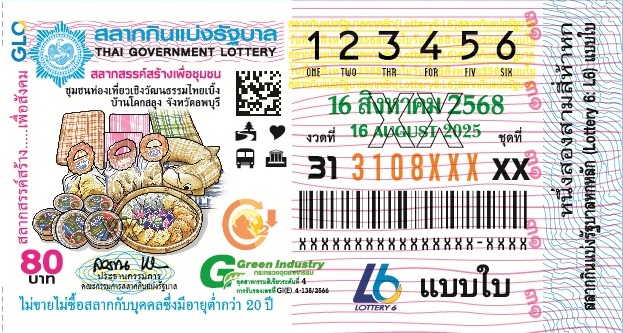 ภาพตัวอย่างใบลอตเตอรี่ 16 สิงหาคม 2568