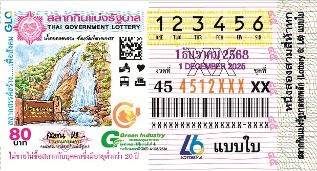 ตัวอย่างใบลอตเตอรี่ งวด 1 ธันวาคม 2568