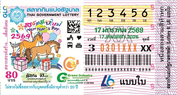 ตัวอย่างสลากกินแบ่งรัฐบาล ใบลอตเตอรี่ 17 มกราคม 2569
