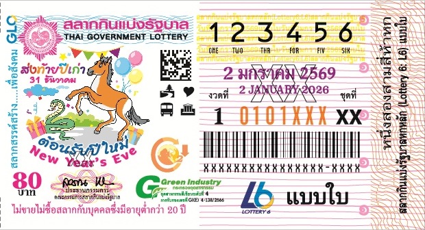 ตัวอย่างใบลอตเตอรี่ สลากกินแบ่งรัฐบาลไทย งวด 2 มกราคม 2569