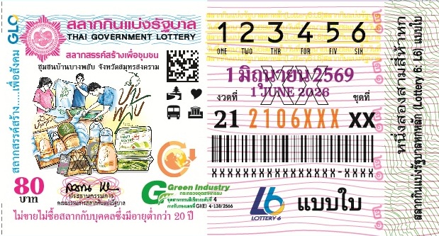 ตัวอย่างใบสลากกินแบ่งรัฐบาล 1 มิถุนายน 2569
